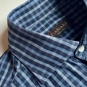 CANALI  dark blue checkered cotton  shirt Sz 16.5 / 4أ in Italy 🇮🇹